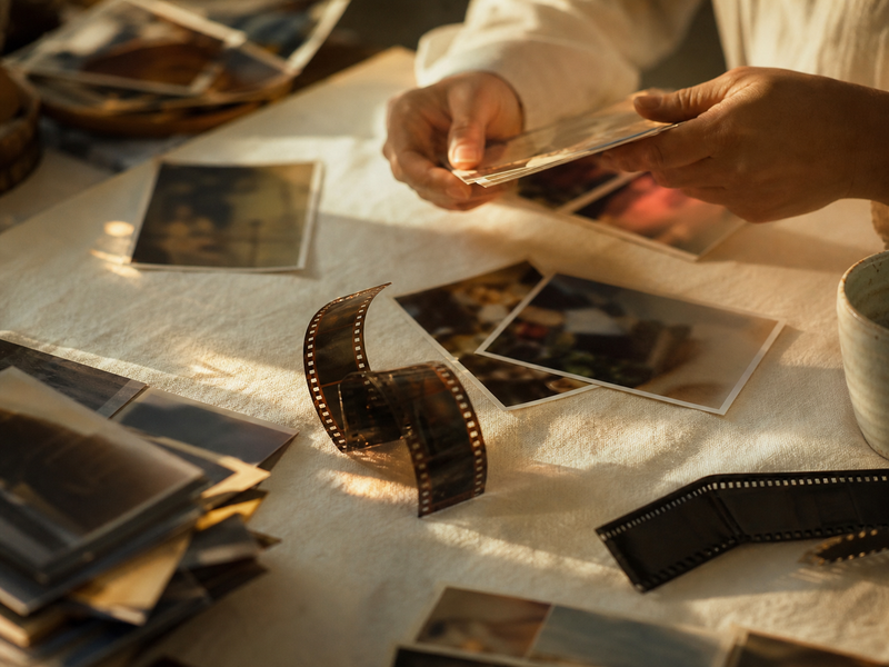 Film strips and photo frames on a linen table