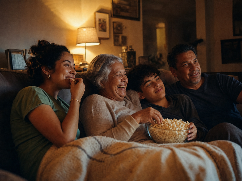 A family watching together on one couch
